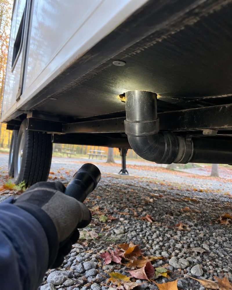 Flashlight on a gap around a pipe under a travel trailer