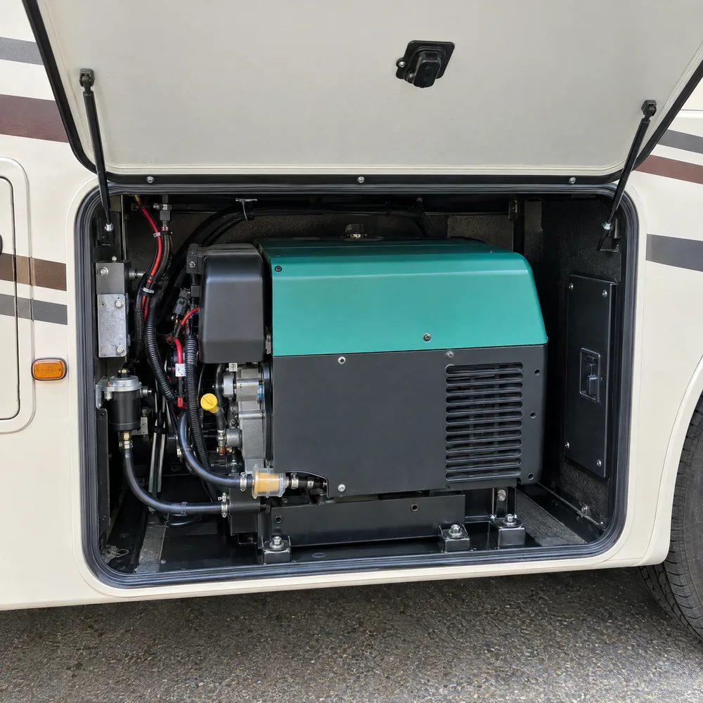 Generator bay on a travel trailer, door open