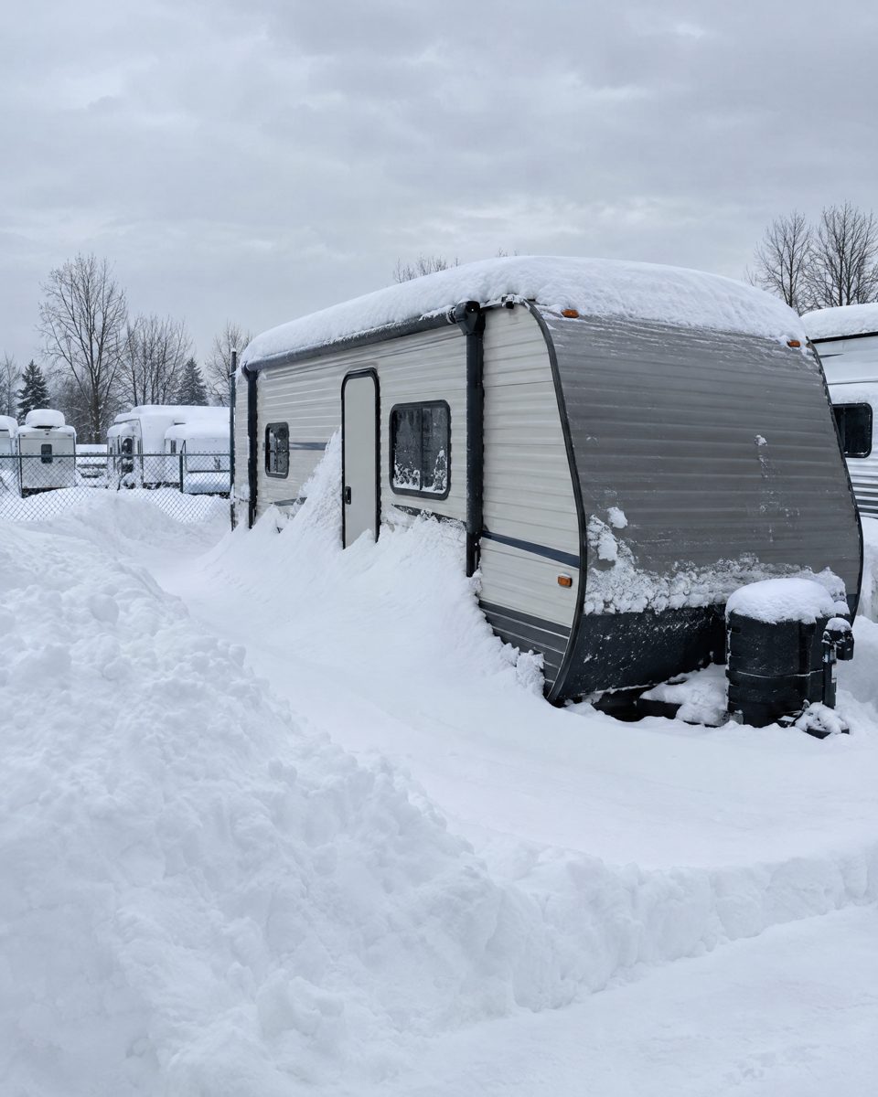 A travel trailer behind snow banks in a storage lot