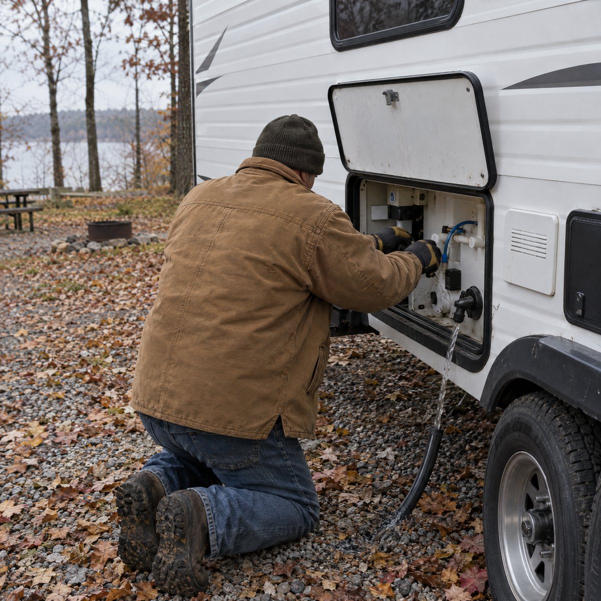An RV owner, seen from behind, draining the water lines at the wet bay of a travel trailer