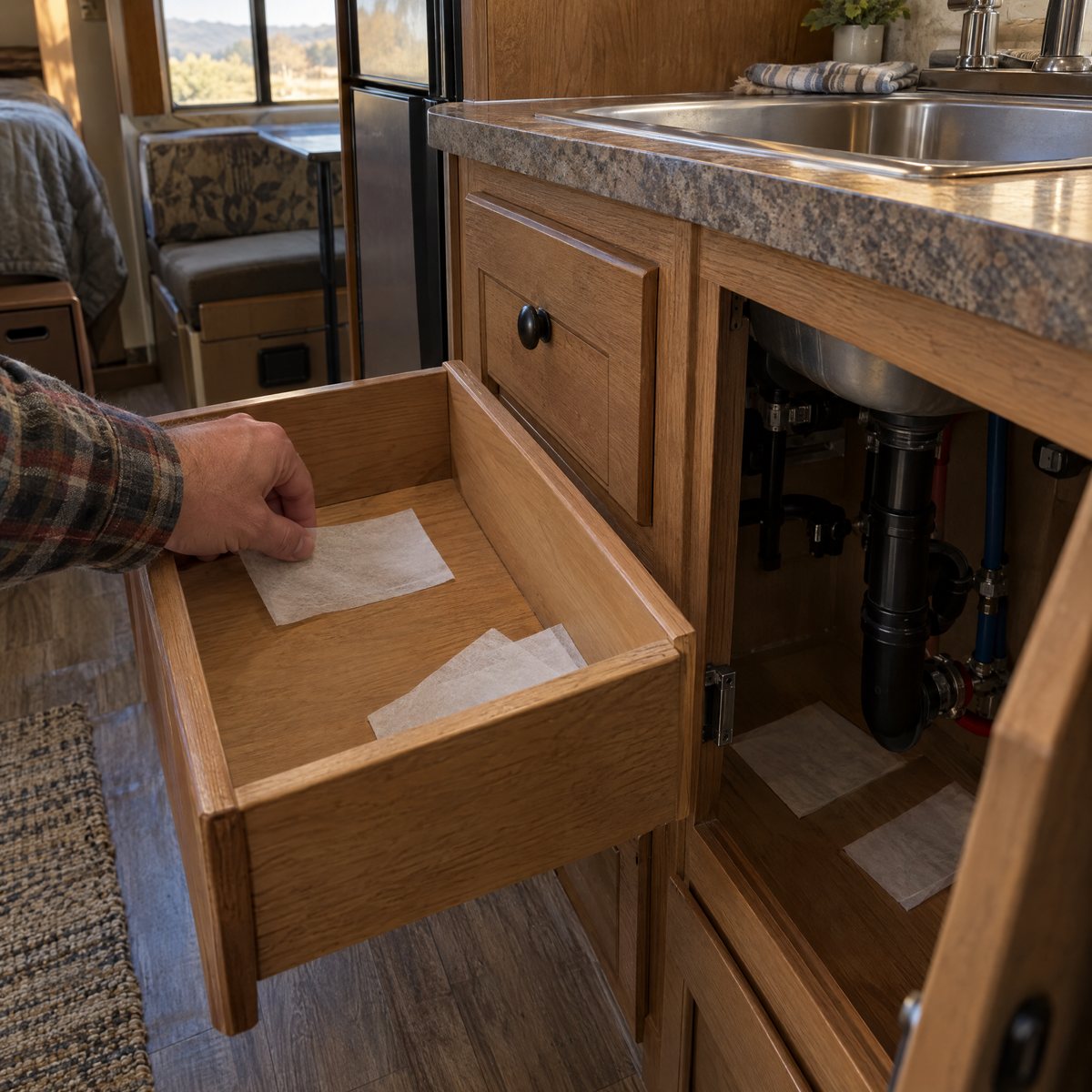 Dryer sheets tucked into an RV kitchen drawer