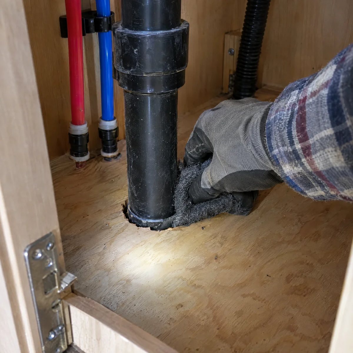 A gloved hand pressing steel wool into the gap around a pipe under an RV sink