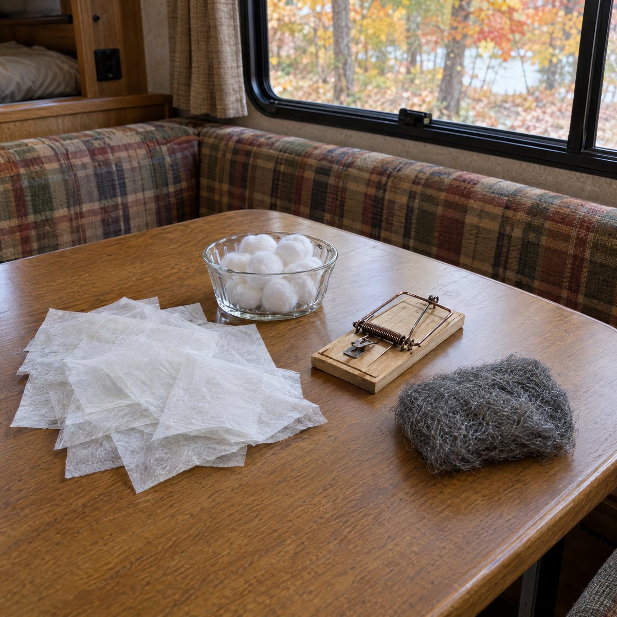 Dryer sheets, cotton balls, a snap trap and steel wool on an RV dinette table