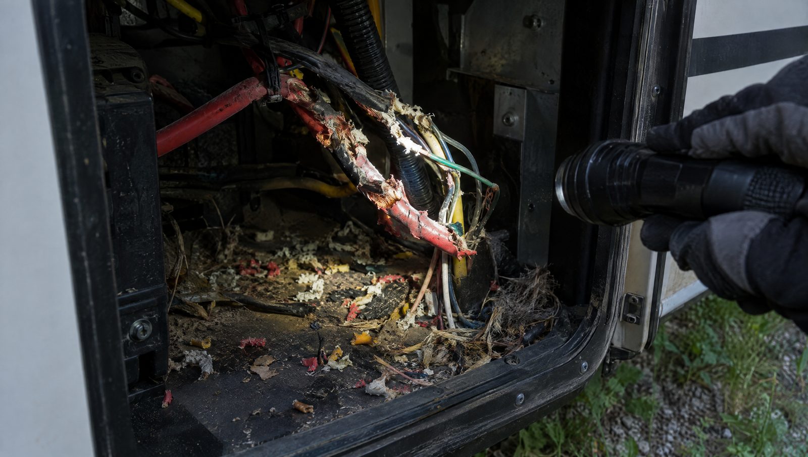 Chewed wires inside an RV compartment