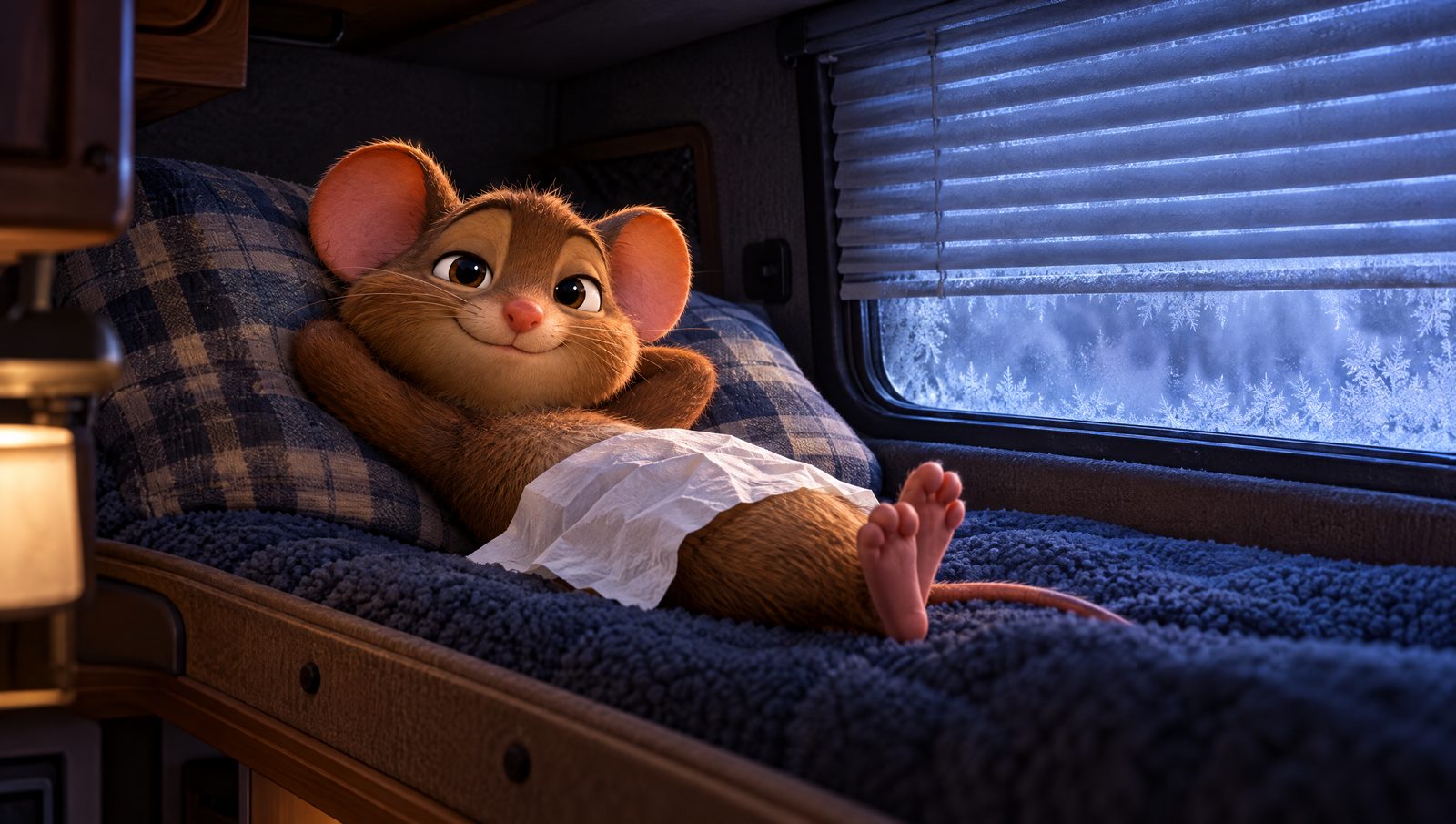 A cartoon mouse stretched out on the bunk of a closed-up camper
