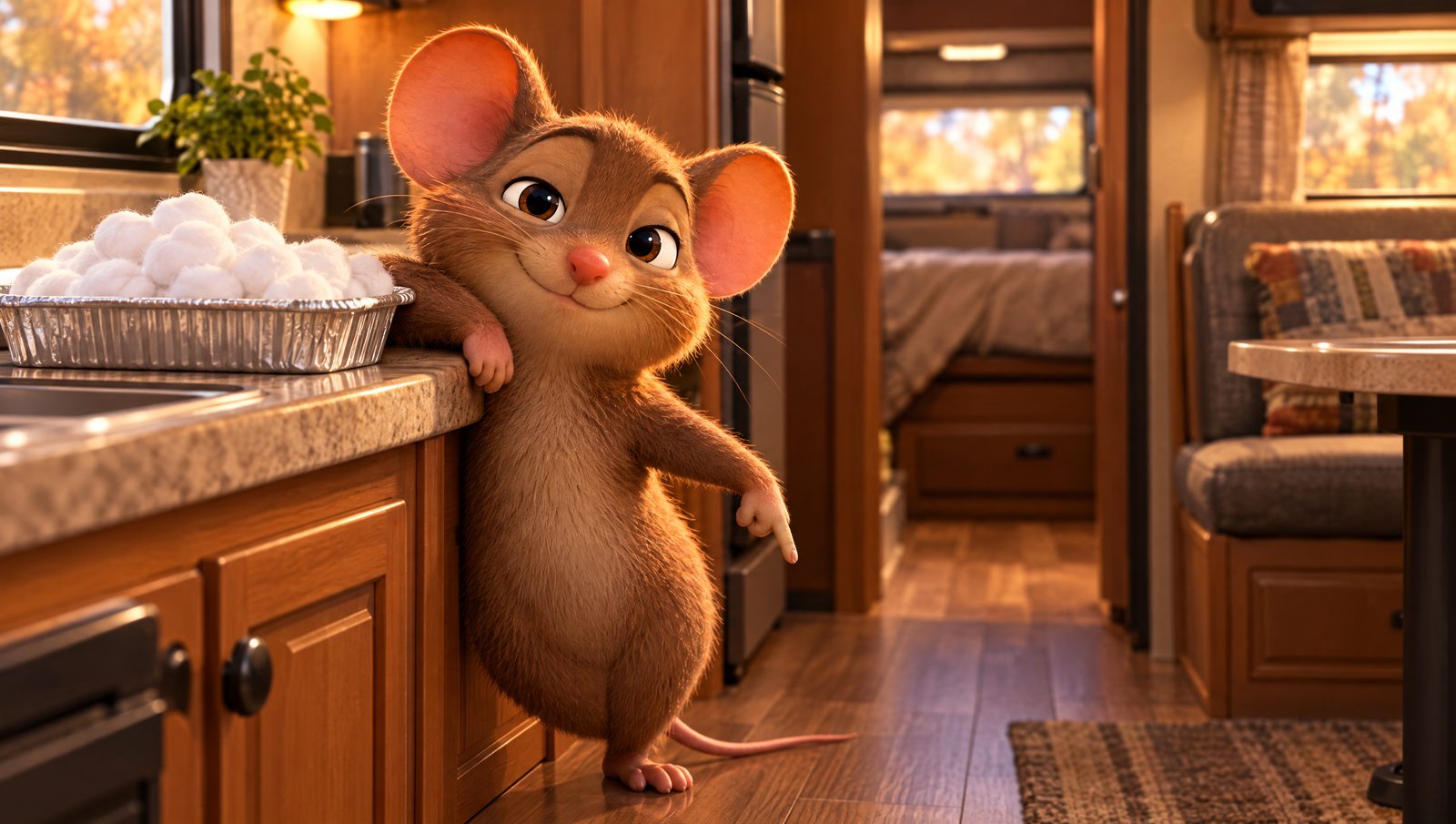 A cartoon mouse leaning on a tray of cotton balls on a camper counter