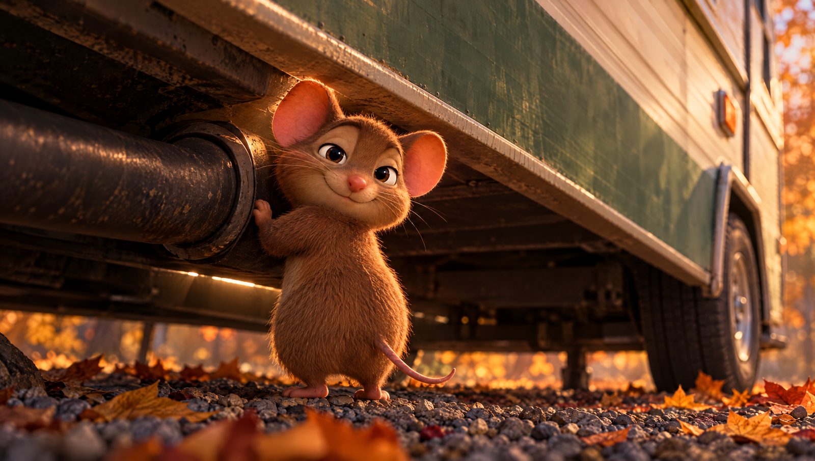 A cartoon mouse at a small gap under an RV skirt