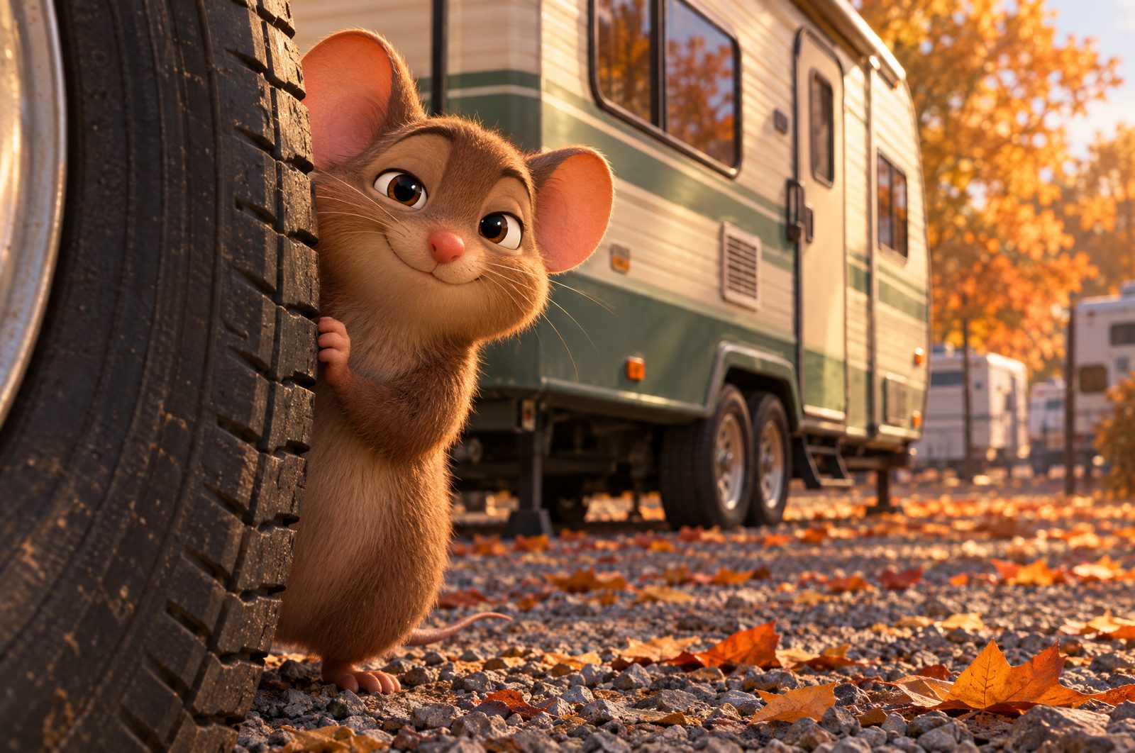 A cartoon mouse peeking out from behind an RV tire in a storage lot