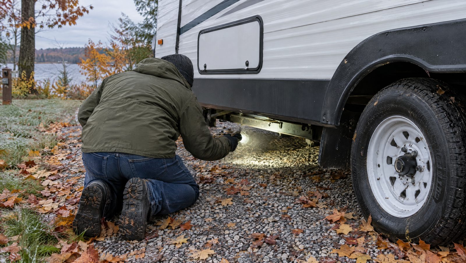 An owner checking under a travel trailer's skirt with a flashlight in fall