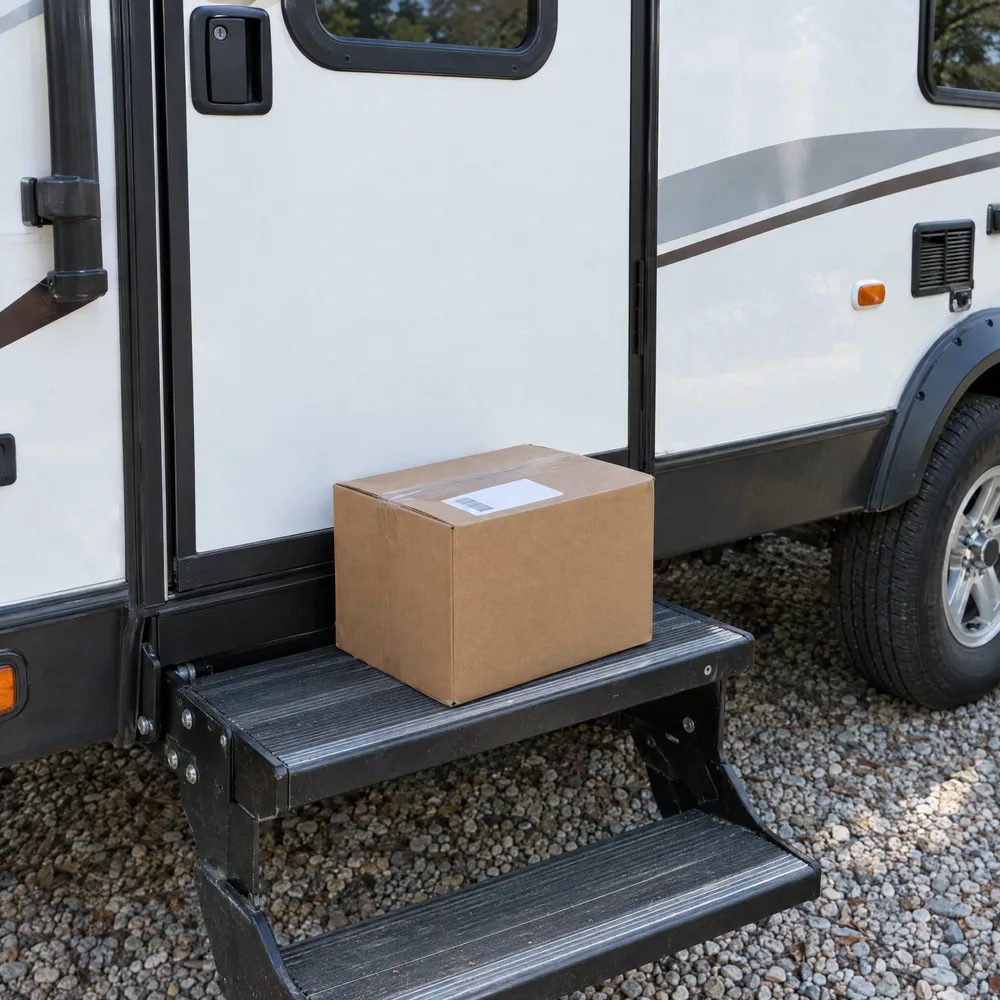 A FUGELYN order box on a camper step