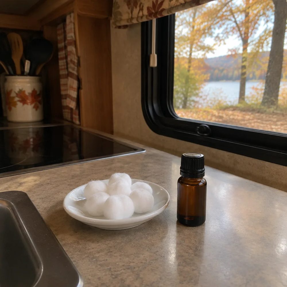 Cotton balls and an oil bottle on an RV counter