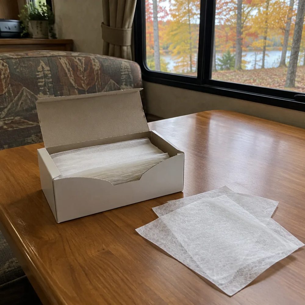 Dryer sheets on an RV table