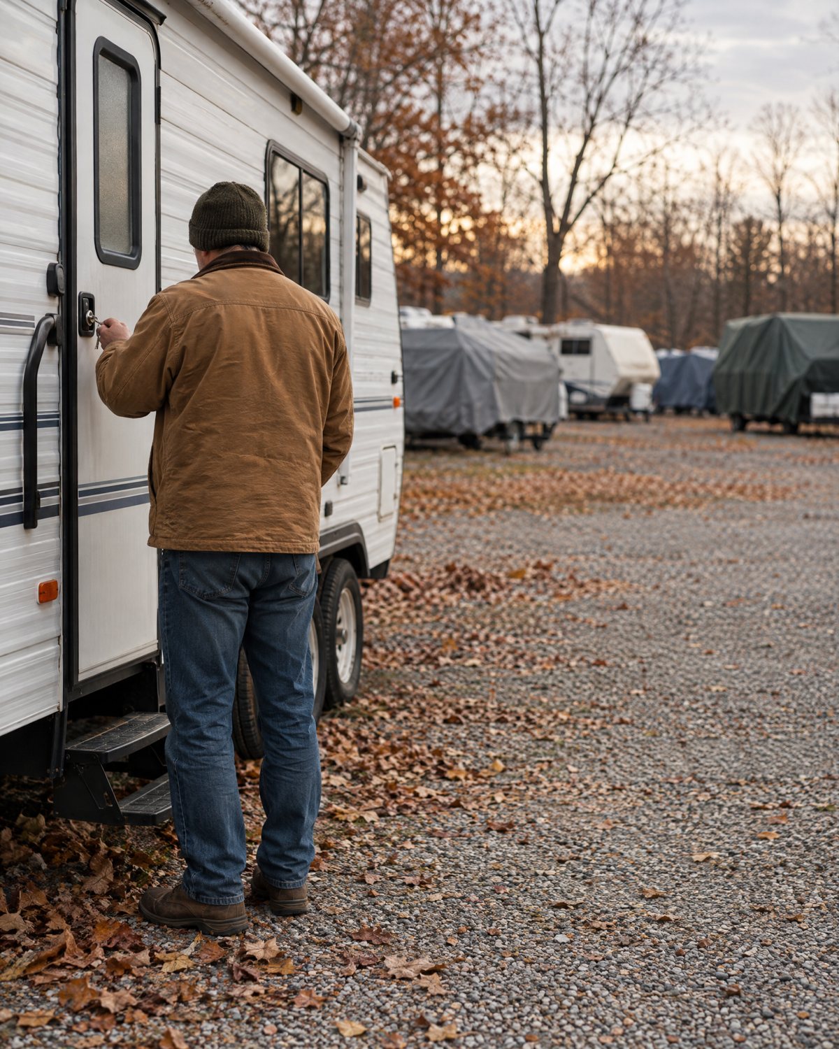 An RV owner locking his travel trailer in a storage lot