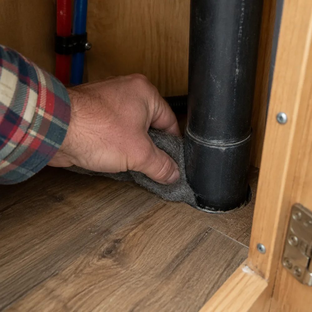 Steel wool going into a gap around a pipe