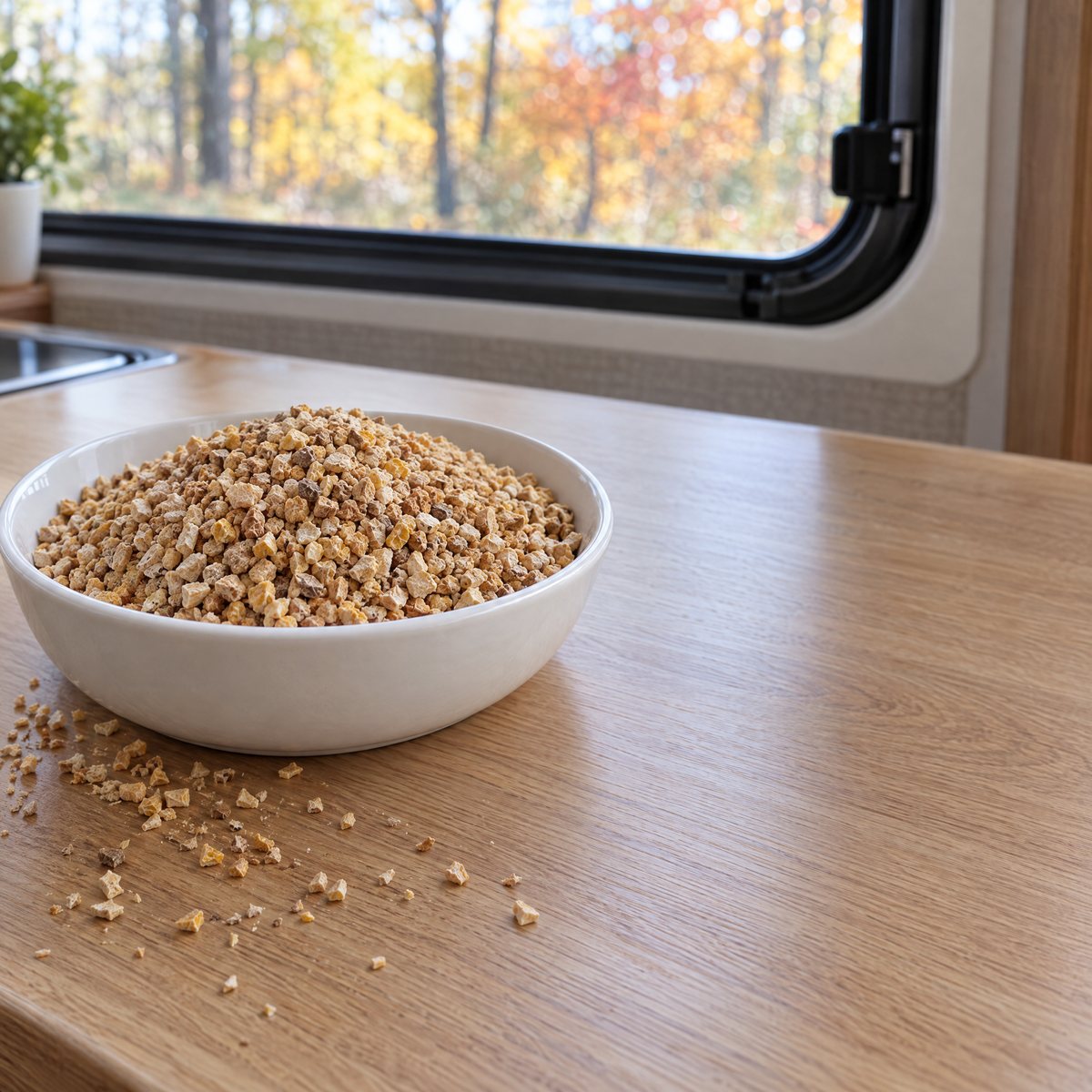 A dish of corn cob fill on an RV counter