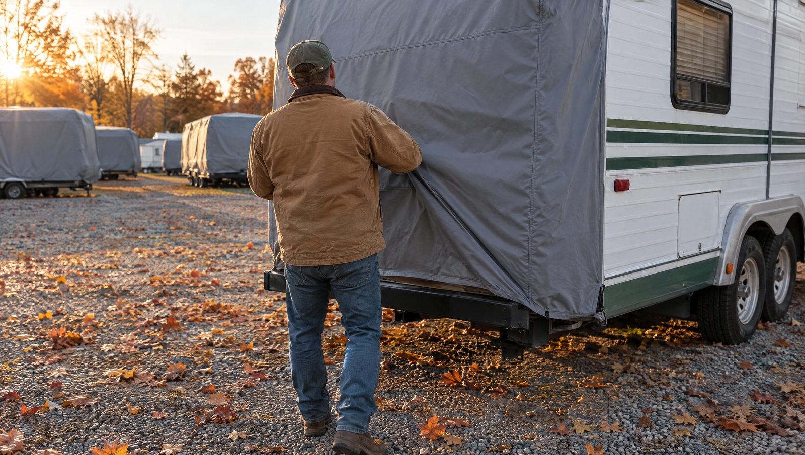 An owner pulling the cover over a camper in fall
