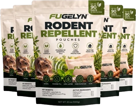 A stack of FUGELYN Rodent Repellent Pouches bags