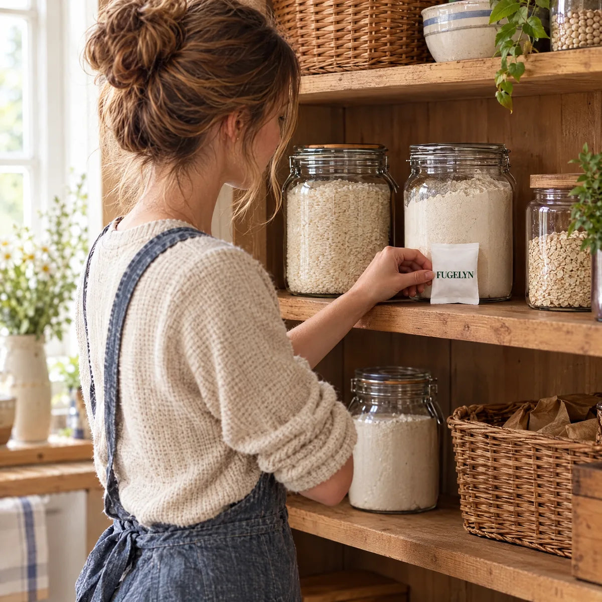 A young woman setting a white FUGELYN pouch on a pantry shelf
