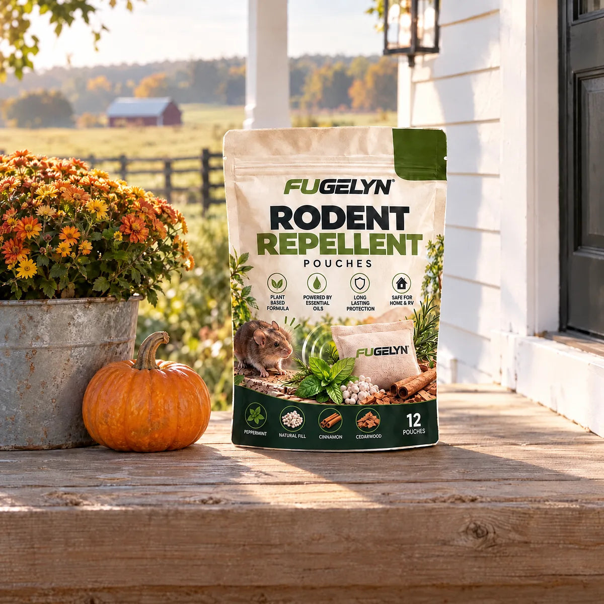 A FUGELYN bag on the porch step of a country house