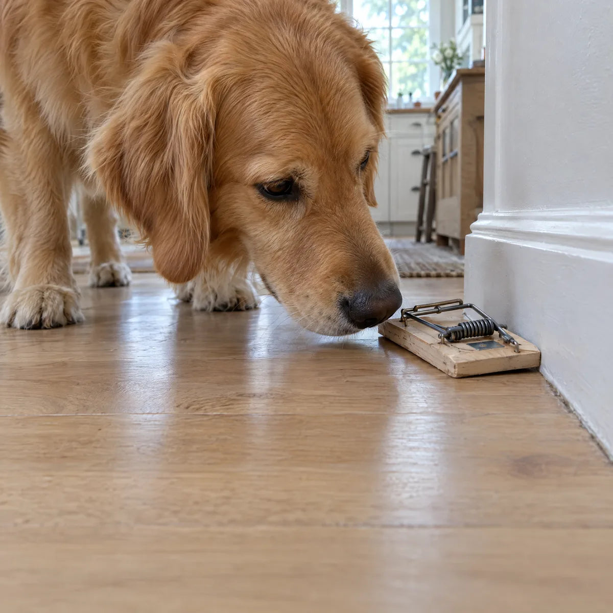 A dog sniffing a set snap trap by the kitchen baseboard