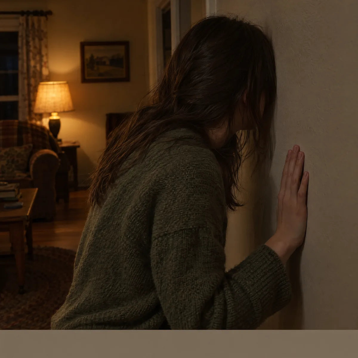 A woman with her hand on a living room wall, listening