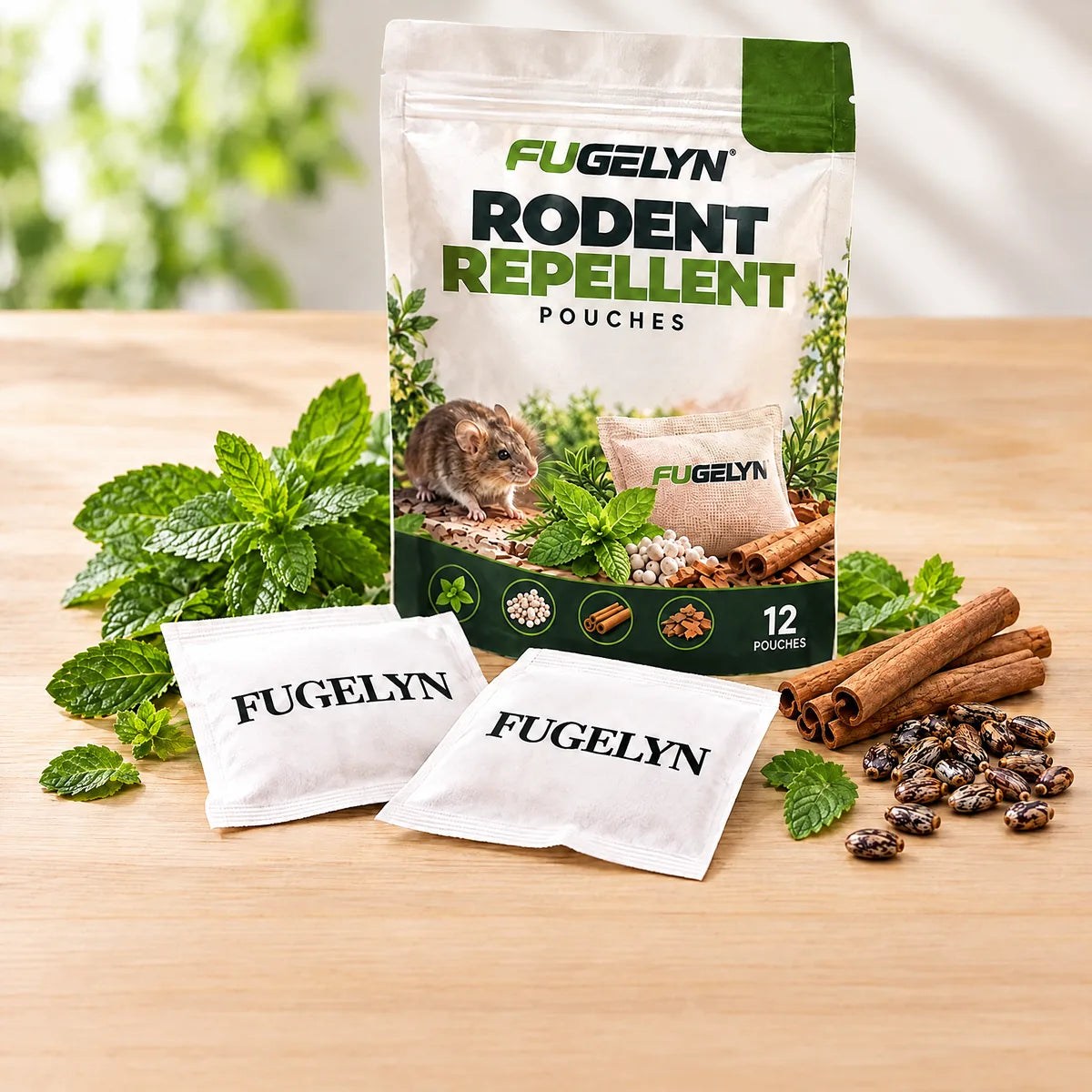 FUGELYN bag and two pouches with peppermint, cinnamon sticks and castor beans