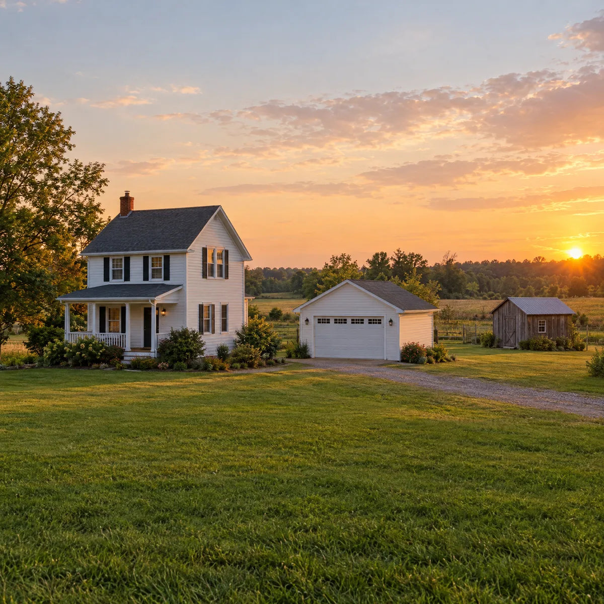 A country house with a garage and a detached shed at golden hour
