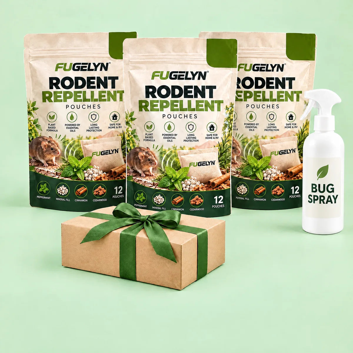 Three FUGELYN bags, a Bug Spray bottle and a gift box