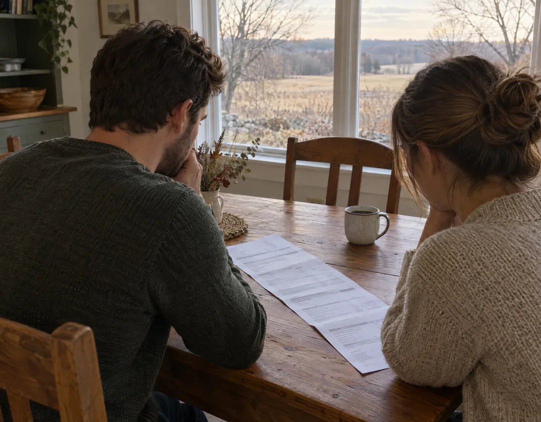 A couple at a farmhouse kitchen table looking over a long printed quote