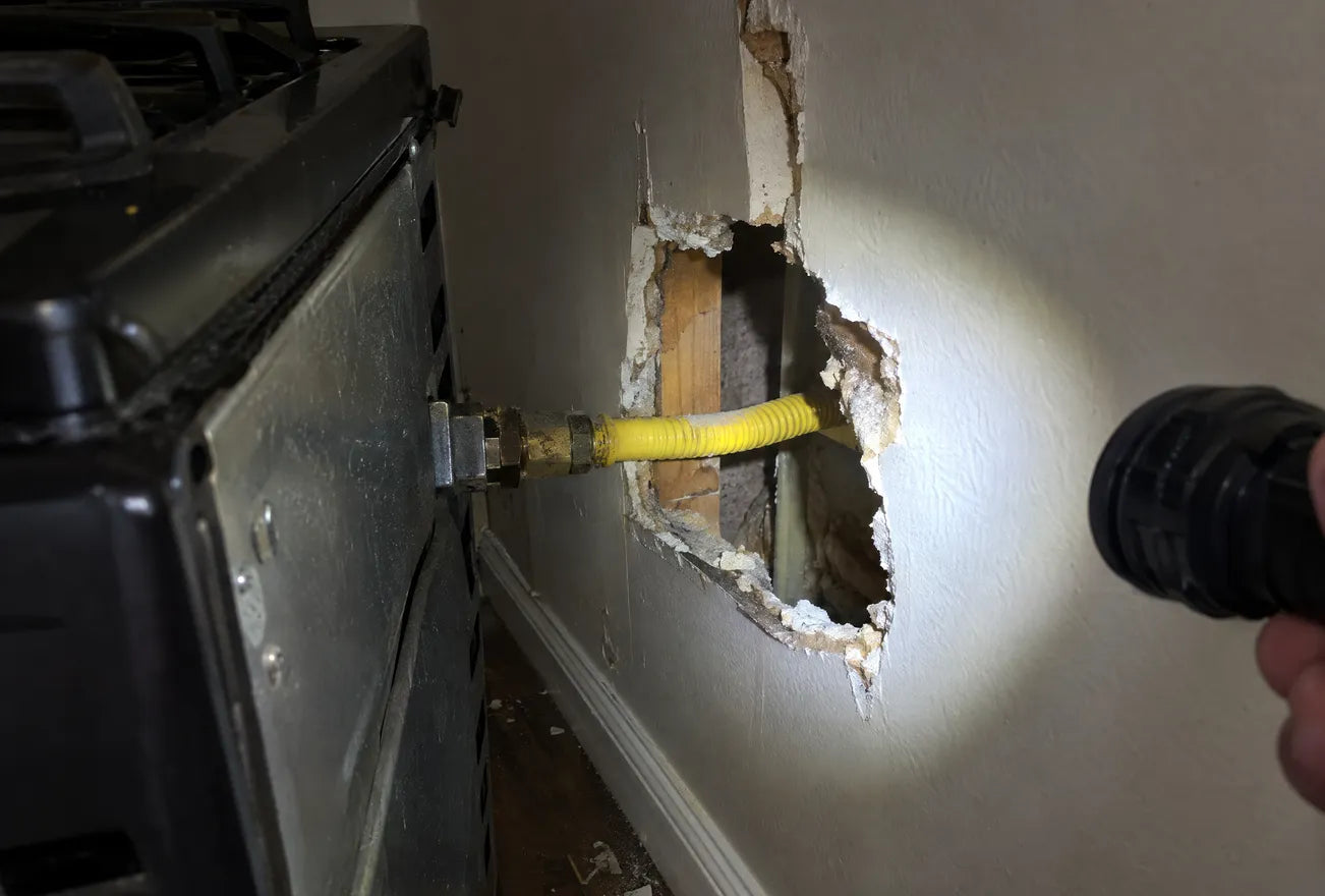 A flashlight on the gap around a gas line behind a pulled-out stove