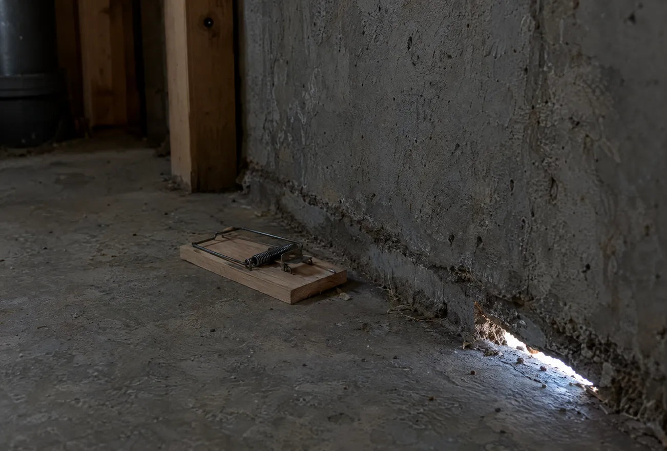 A set snap trap on a basement floor beside a gap in the foundation
