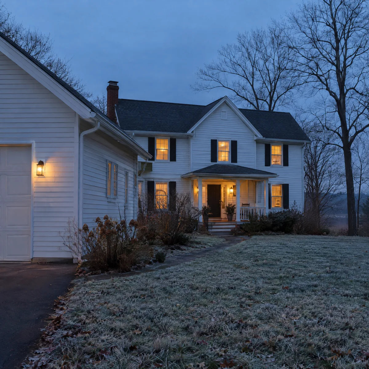 A house at dusk with first frost on the lawn and warm lit windows