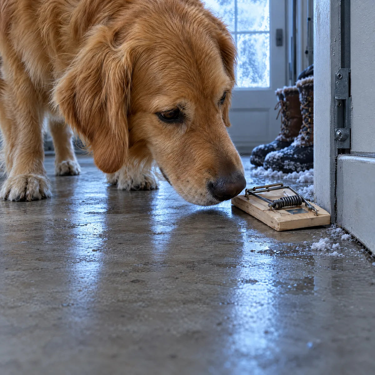 A dog sniffing a set snap trap on a garage floor in winter