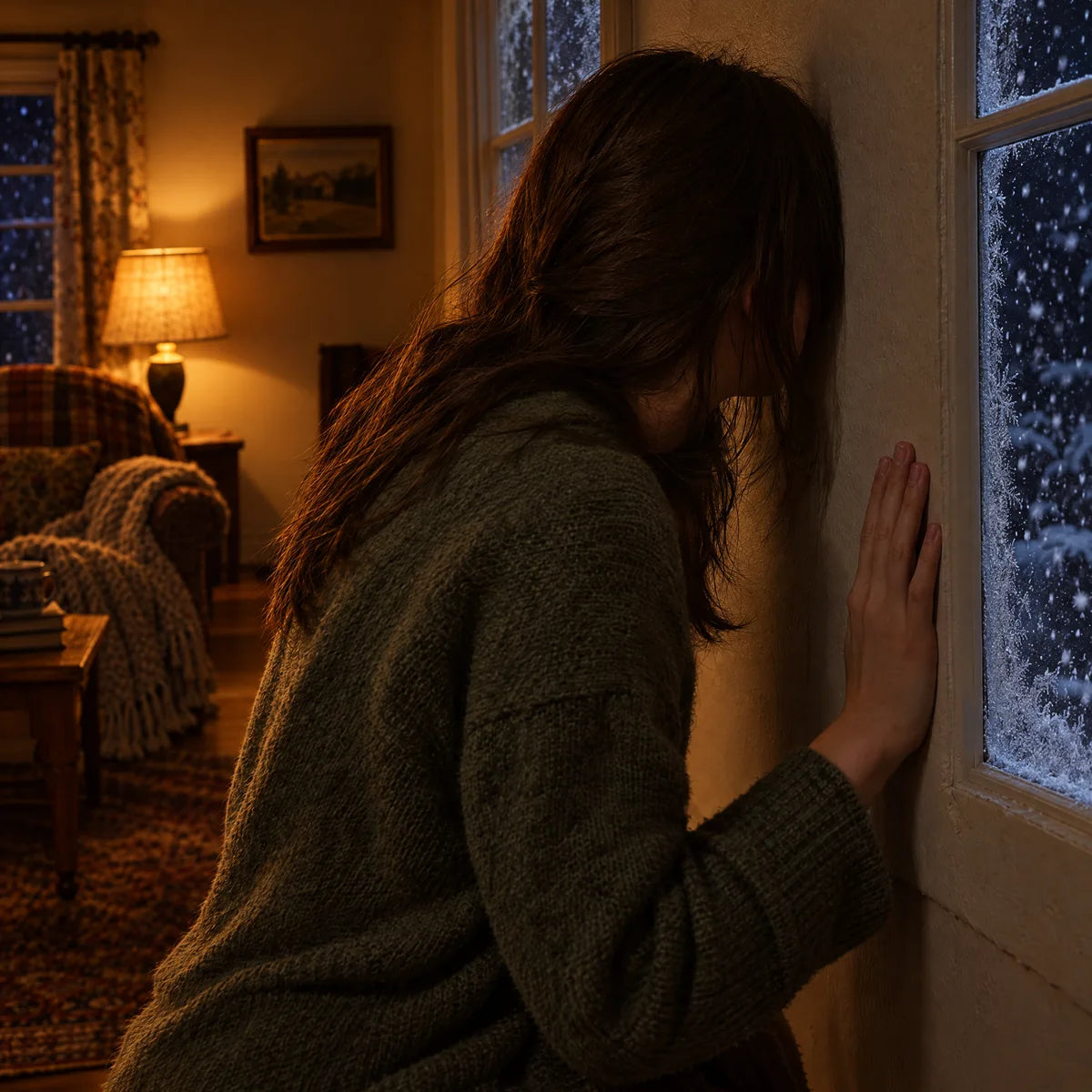 A woman with her hand on a living room wall beside a frosted window