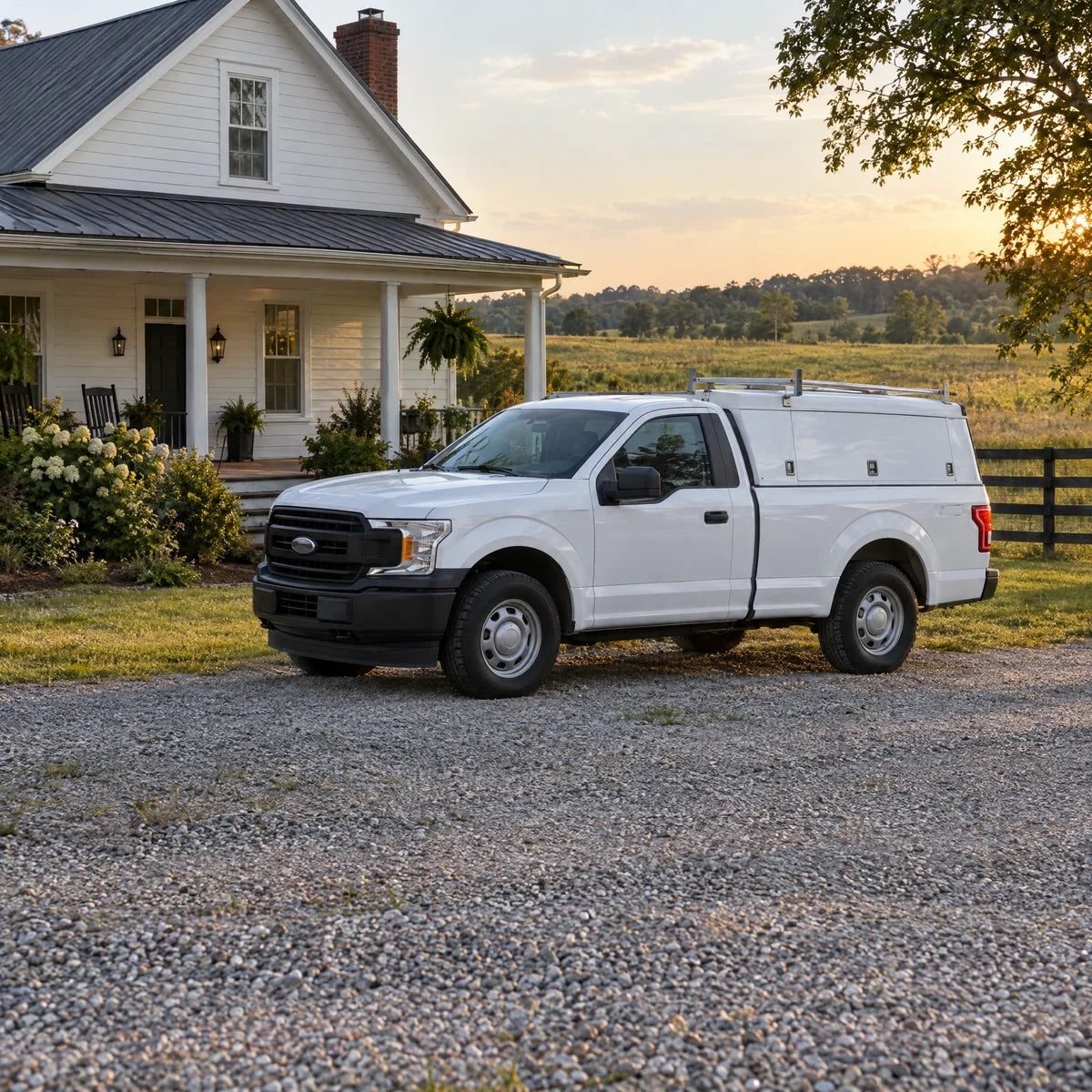 An unmarked service truck in the driveway of a country house