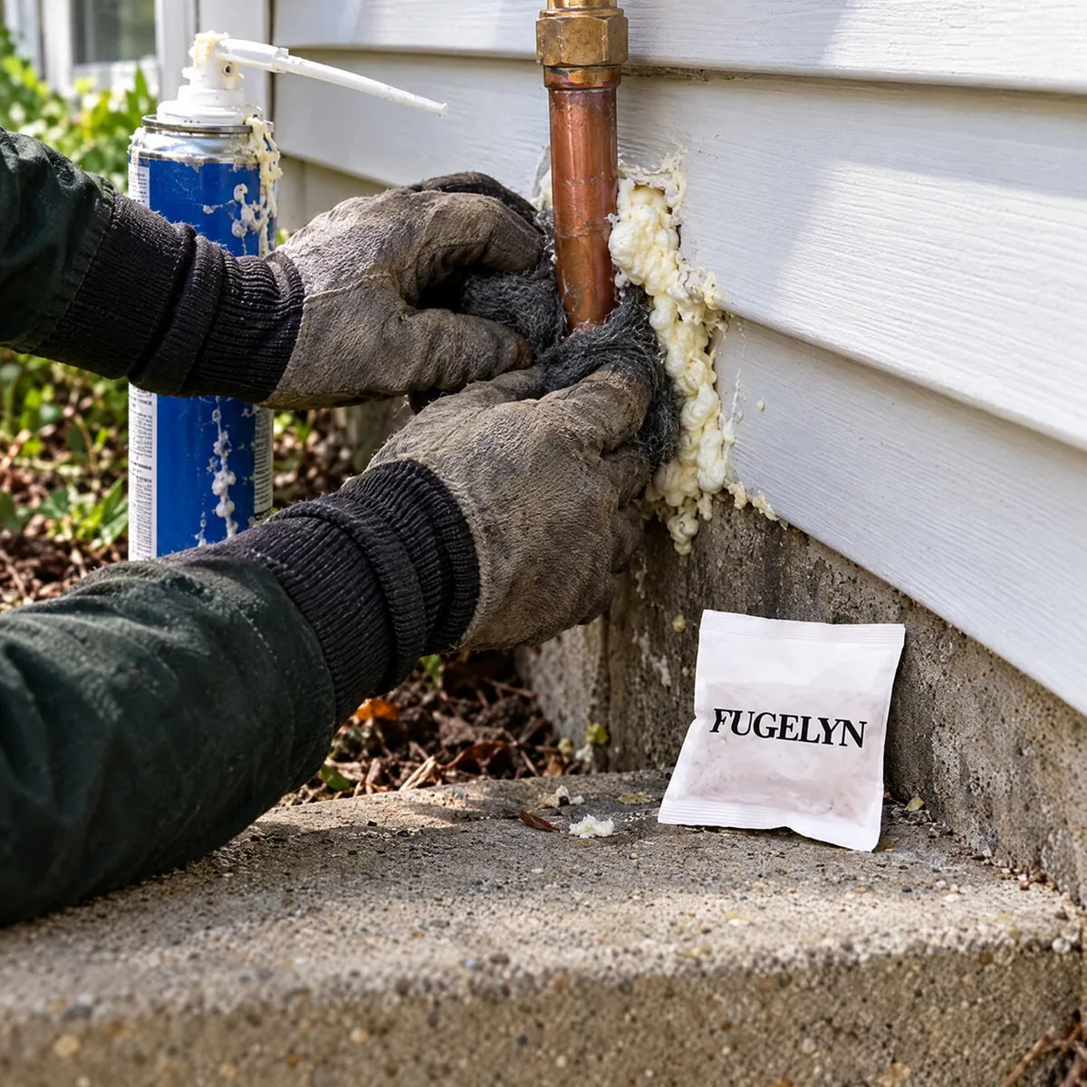 Gloved hands pressing steel wool into a gap around a pipe, a white pouch on the step